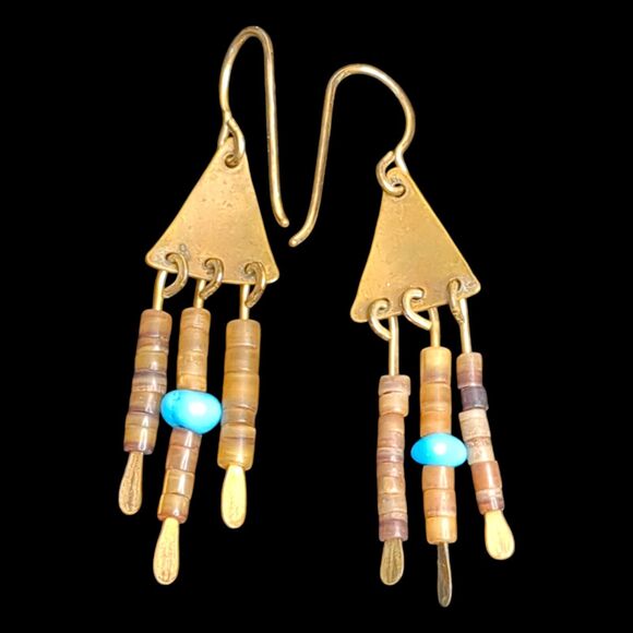Vtg Natural Turquoise Gold Tone Beaded Triangle Star Hook Dangle Southwestern 2" - Picture 3 of 3